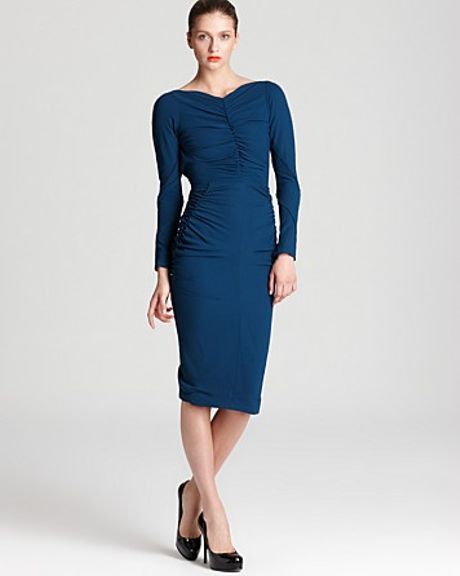Zac Posen Crepe Dress Long Sleeve with Ruching in Blue (teal) - Lyst