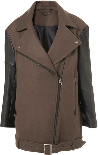 Topshop Leather Sleeve Biker Coat - Lyst