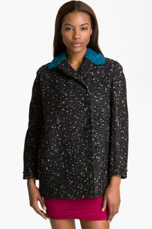 Carven Faux Fur Collar Tweed Coat - Lyst
