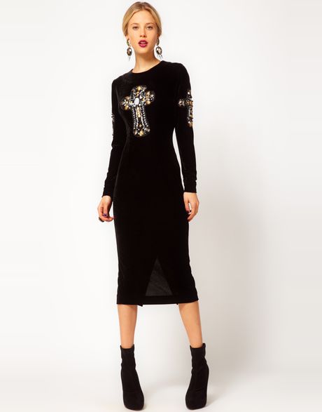 Asos Velvet Midi Dress with Embellished Cross in Black | Lyst
