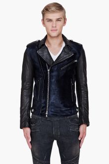 Balmain Midnight Blue Calfhair Padded Biker Jacket - Lyst