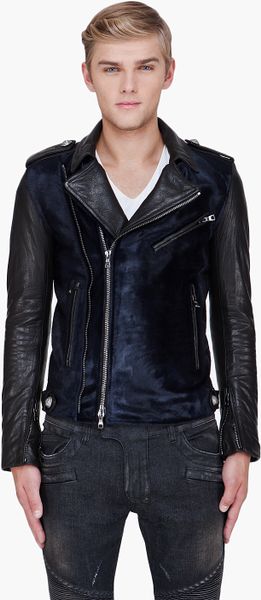Balmain Midnight Blue Calfhair Padded Biker Jacket in Blue for Men (midnight) - Lyst