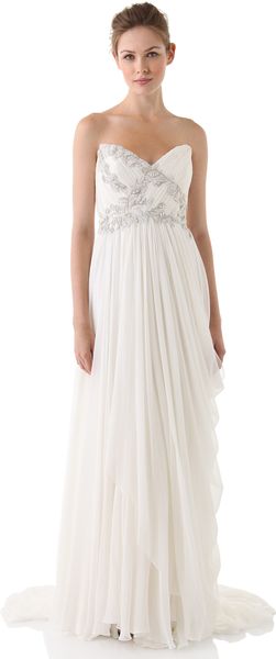 Marchesa Strapless Draped Dress with Embroidered Bodice - Lyst