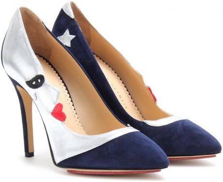 Charlotte Olympia Luna Suede and Metallic Trimmed Pumps in Blue (navy) - Lyst
