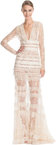 Elie Saab Vanilla Lace Long Vneck Dress - Lyst