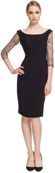 Marchesa Crepe Sheath Dress with Embroidered Sleeves - Lyst