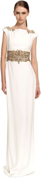 Marchesa Cap Sleeve Crepe Column Gown in White (ivory) - Lyst