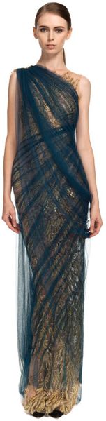 Marchesa Embroidered Illusion Tulle Column Gown in Blue (teal) - Lyst