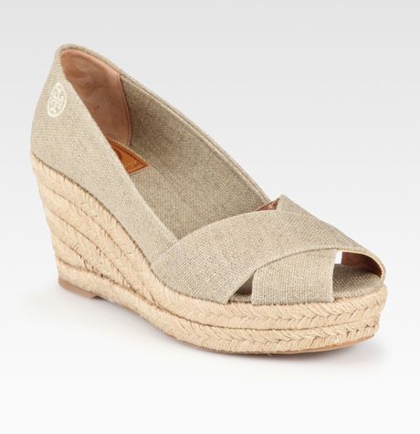 Tory Burch Filipa Metallic Linen Espadrille Wedge Sandals in Beige (gold) | Lyst