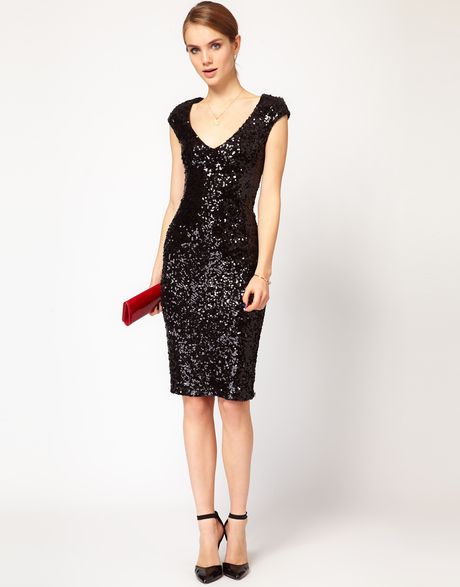French Connection Sequin Midi Dress in Black | Lyst