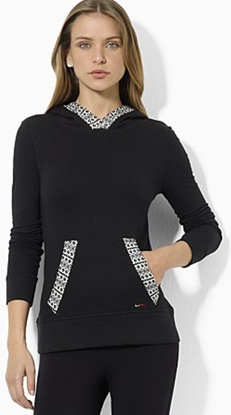 Ralph Lauren Lauren Cotton Knit Trim Hoodie in Black - Lyst