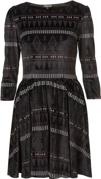 Topshop Aztec Velvet Skater Dress - Lyst