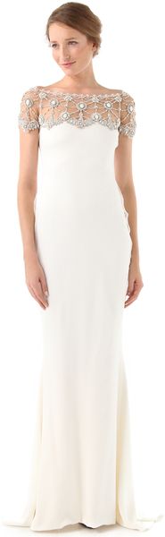 Marchesa Silk Column Gown with Tulle Overlay in White (cream) - Lyst