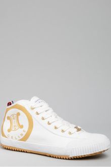 Celine White and Gold Canvas Logo Laceup Sneakers - Lyst