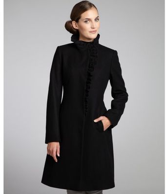 DKNY Black Wool Blend Ruffle Front Coat - Lyst