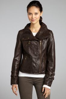 DKNY Brown Leather Asymmetrical Zip Front Motorcycle Jacket - Lyst