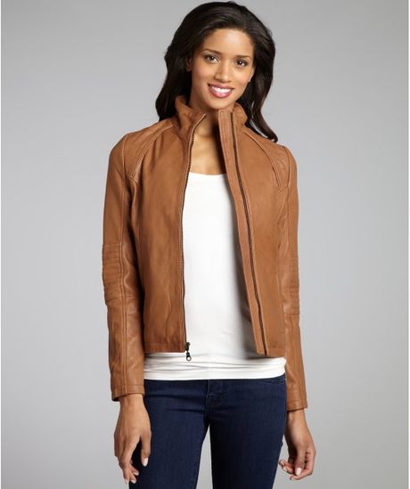 Dkny Camel Leather Quilted Shoulder Zip Front Motorcycle Jacket in Brown (camel) - Lyst