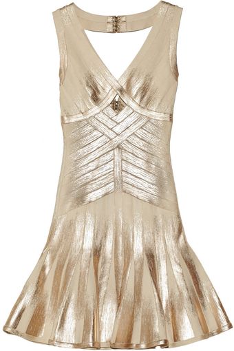 Hervé Léger Metalliccoated Bandage Flared Dress - Lyst
