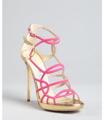 Jimmy Choo Hot Pink and Gold Leather Bunting Caged Sandals - Lyst