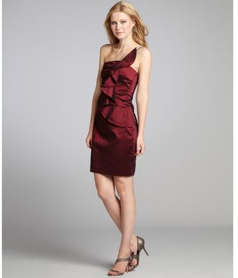 Kay Unger Wine Taffeta One Shoulder Rhinestone Ruffle Dress - Lyst