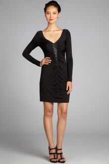 Laundry By Shelli Segal Stretch Knit Jersey Jeweled Center Ruched Long Sleeve Dress - Lyst