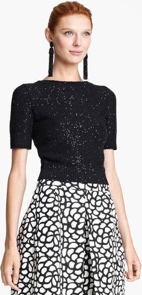 Oscar De La Renta Jewel Neck Sequin Pullover in Black - Lyst