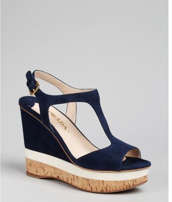 Prada Suede Tstrap Peep Toe Wedges - Lyst