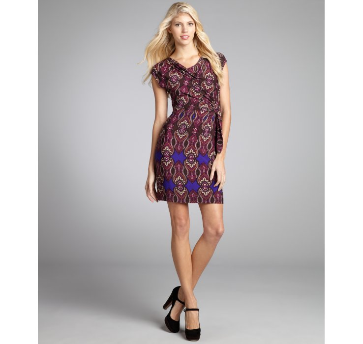 Donna Eggplant Paisley Printed Stretch Jersey Knit Mock Wrap Cap