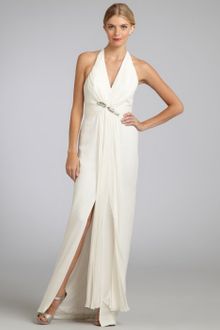 Notte By Marchesa Ivory Silk Chiffon Slit Front Halter Evening Gown - Lyst
