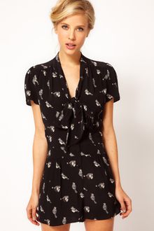 ASOS Collection Asos Pussybow Playsuit in Bird Print - Lyst
