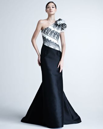 Carolina Herrera One Shoulder Gown with Striped Bodice - Lyst
