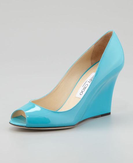 Jimmy Choo Baxen Peeptoe Patent Wedge Turquoise in Blue (turquoise) - Lyst
