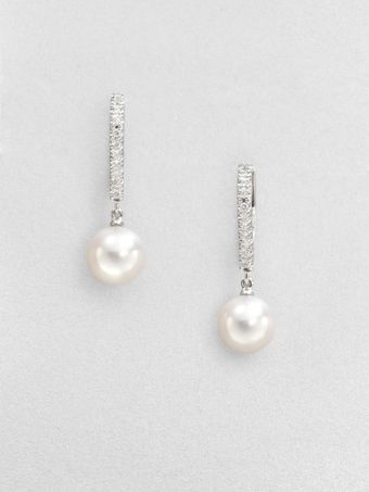 Mikimoto 75mm Round White Akoya Pearl Diamond Earrings - Lyst