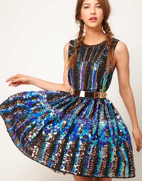 Asos Skater Dress in Holographic Sequin in Blue (multi) | Lyst