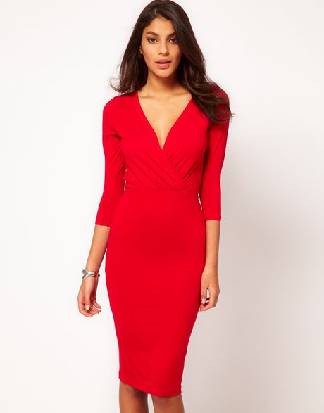 Asos Pencil Dress with Wrap Front in Red | Lyst