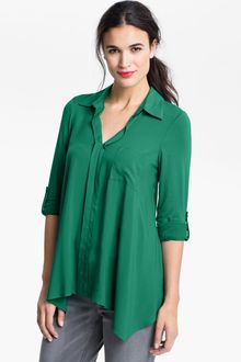 Pleione Split Neck Roll Sleeve Mixed Media Top - Lyst