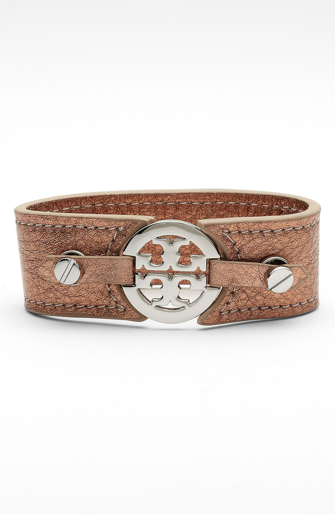 Tory Burch Logo Metallic Leather Bracelet in Silver (royal salmon