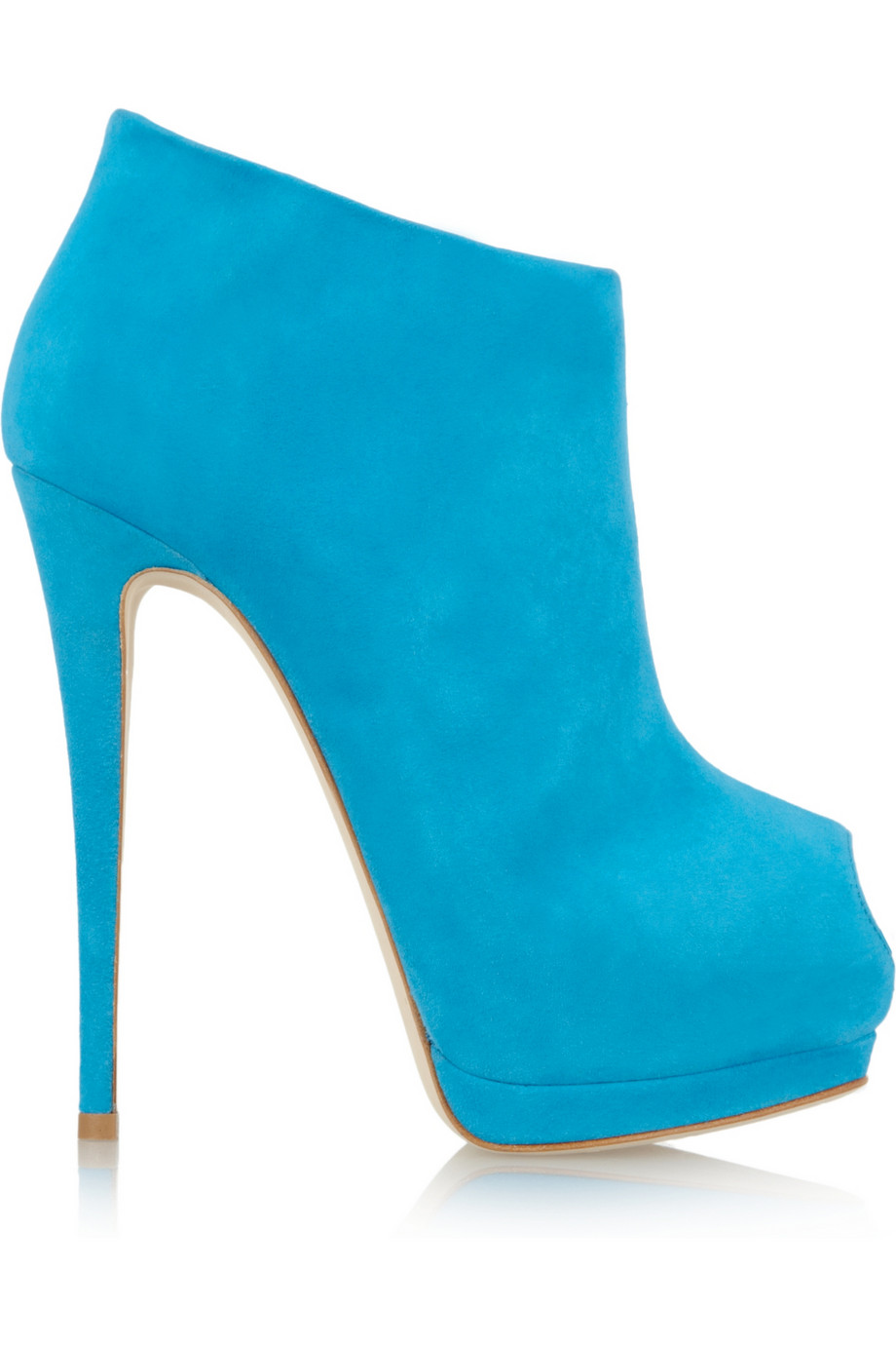 Bright blue suede peep toe ankle boots 
