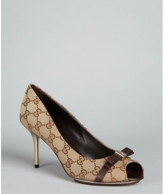 Gucci Beige Gg Canvas Peep Toe Bow Pumps - Lyst