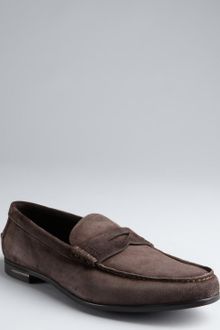 Prada Tuff Suede Moc Toe Penny Loafers - Lyst