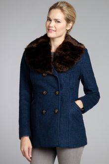 Laundry By Shelli Segal Teal Wool Blend Double Breasted Faux Fur Collar Coat - Lyst