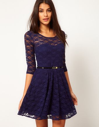 Asos Lace Skater Dress with 34 Sleeves and Belt - Lyst