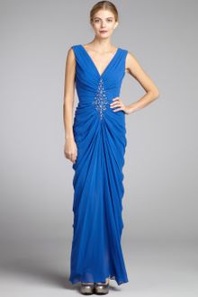 Tadashi Shoji Cobalt Beaded and Ruched Sleeveless Chiffon Goddess Gown - Lyst