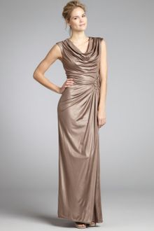 Tadashi Shoji Gold Metallic Ruched Side Brooch Cowl Neck Goddess Gown - Lyst
