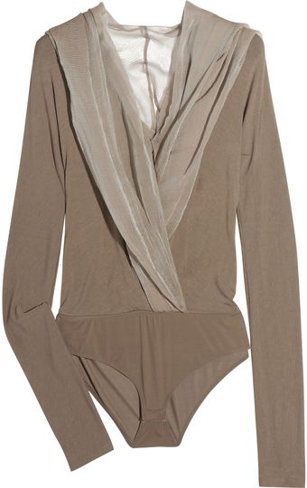 Donna Karan New York Hooded Finejersey and Silkchiffon Bodysuit - Lyst