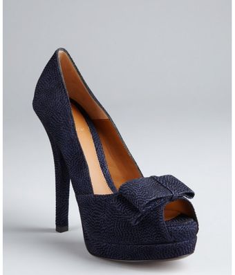 Fendi Blue Flocked Velvet Bow Detail Platform Peep Toe Pumps - Lyst