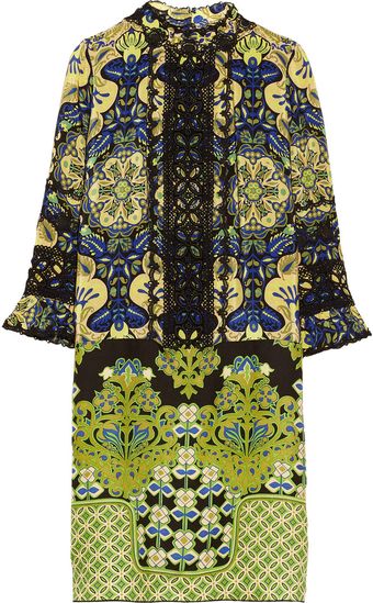 Anna Sui Printed Crepe De Chine and Lace Dress - Lyst