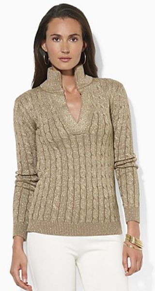 Ralph Lauren Lauren Split Mockneck Metallic Cableknit Sweater - Lyst