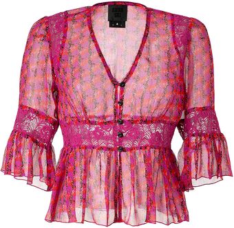 Anna Sui Magentamulti Printed Sheer Silk Top with Lace Panels - Lyst