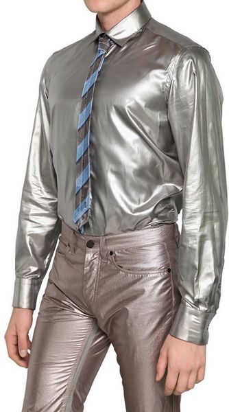 metallic silver shirt mens